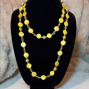 Mother of Pearl Shell Yellow Dyed Bead Necklace with Gold and Clear Accent Beads